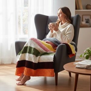 Crocheted Afghan Throw 59" x 43" Handmade Striped Blanket Boho Vintage